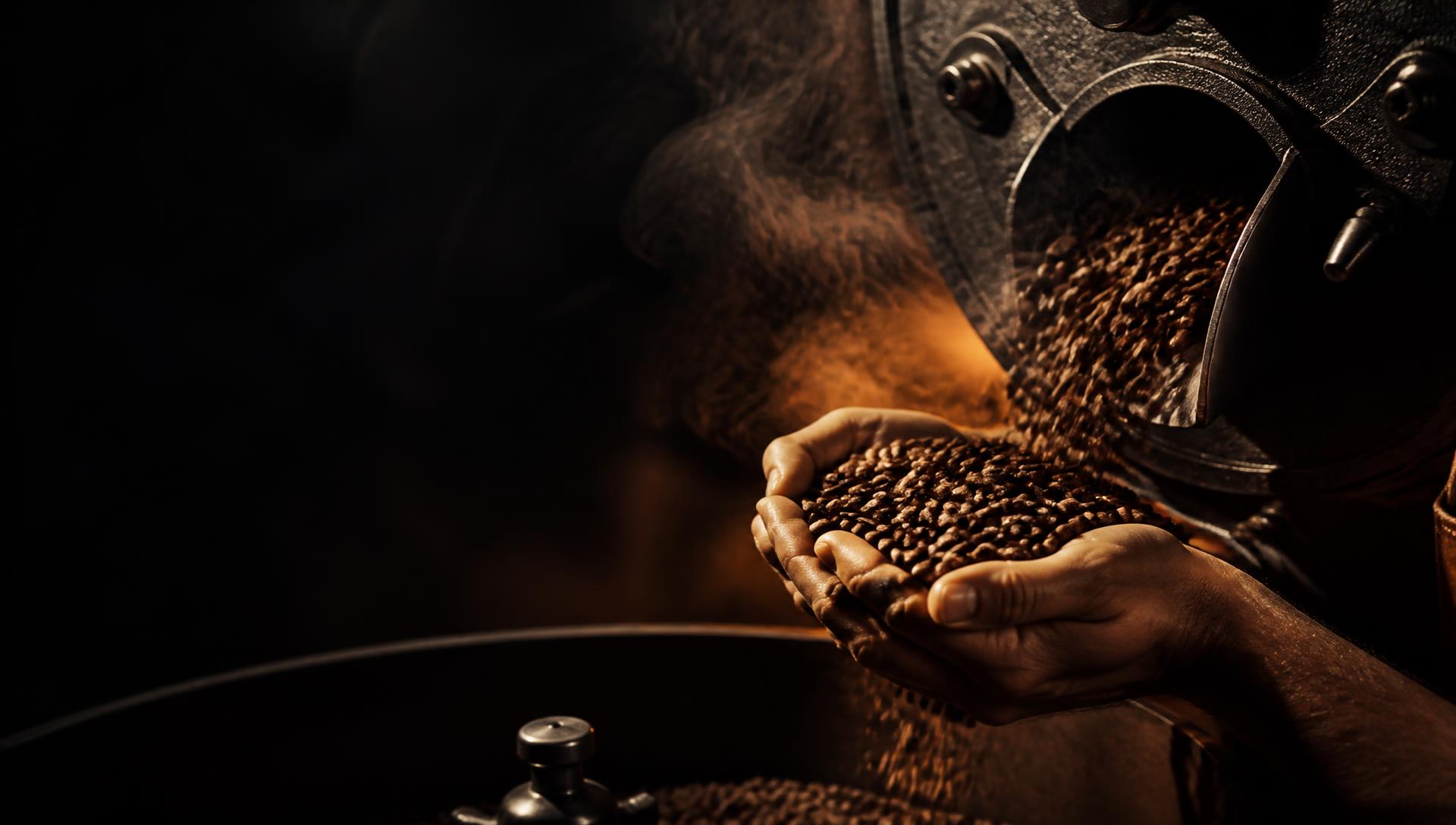 Hands cradling freshly roasted coffee beans falling from a roasting drum